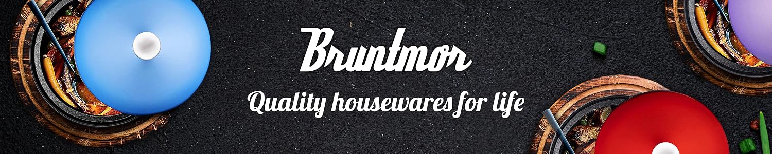 Bruntmor enameled cast iron Dutch ovens on a dark counter
